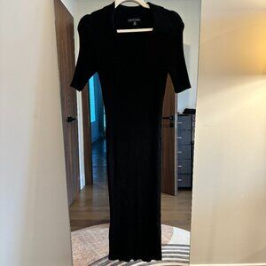 Saks Knit Midi Black Collared Dress - Small